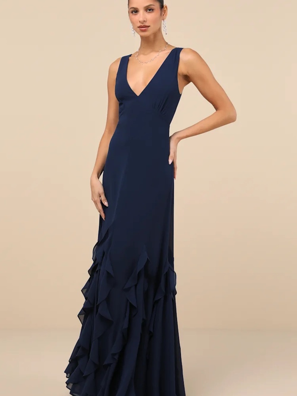 Lulu's Arlona Dark Navy Sleeveless Ruffled Maxi Dress